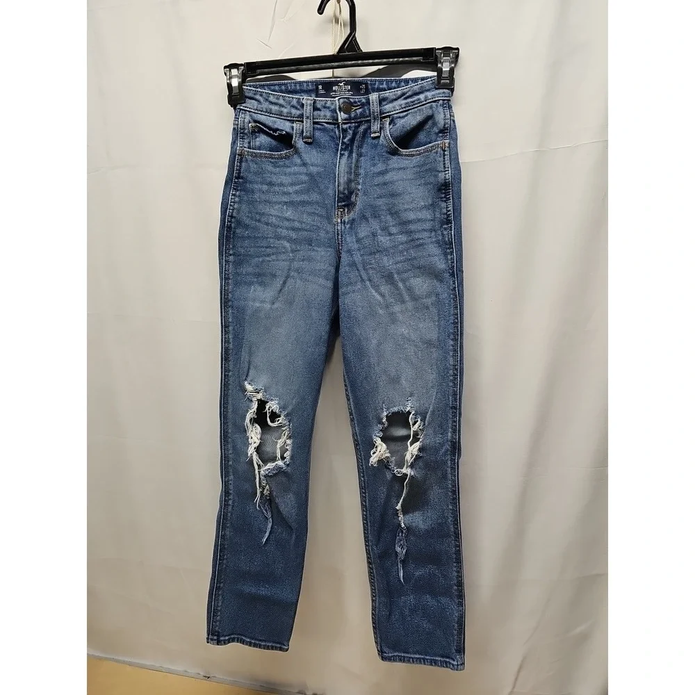 Hollister Ultra High-Rise Blue Distressed Denim Mom Jeans Juniors Sz 1r W25 L27 - Picture 4 of 15
